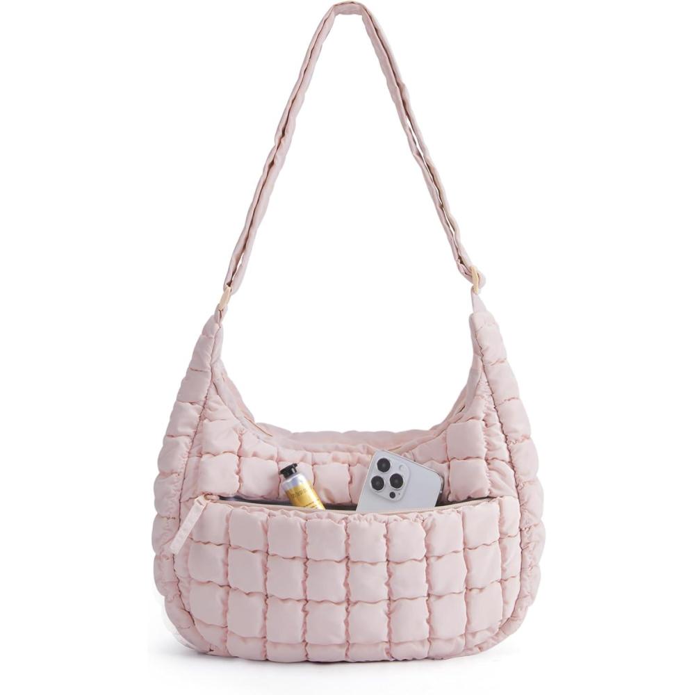 imageBAGSMART Crossbody Hobo Bag for Women Quilted Puffy Purses for Women Soft Fluffy Cute Shoulder Handbag for Daily UseDblossom Pink