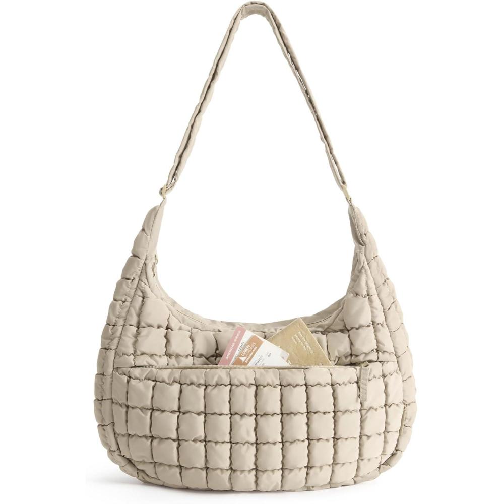 imageBAGSMART Crossbody Hobo Bag for Women Quilted Puffy Purses for Women Soft Fluffy Cute Shoulder Handbag for Daily UseEarth Tone Camel