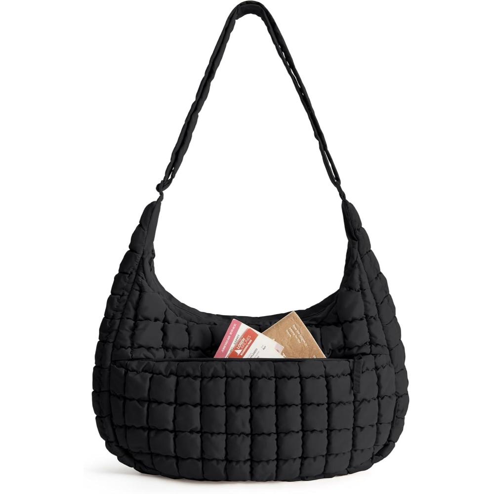 imageBAGSMART Crossbody Hobo Bag for Women Quilted Puffy Purses for Women Soft Fluffy Cute Shoulder Handbag for Daily UsePower Black