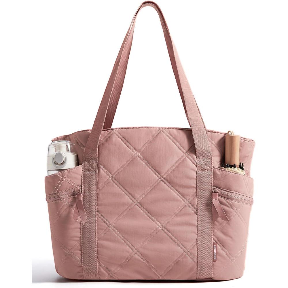 imageBAGSMART Crush Tote Bag for Women 20L Puffer Work Tote with Zipper Travel Essentials Quilted Nurse Hospital BagBrier Rose