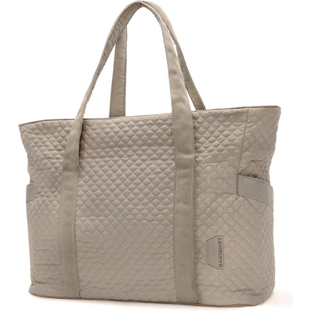 imageBAGSMART Crush Tote Bag for Women 20L Puffer Work Tote with Zipper Travel Essentials Quilted Nurse Hospital BagGrayish Brown