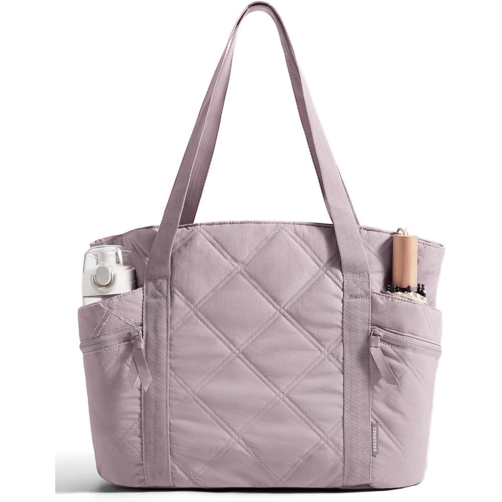 imageBAGSMART Crush Tote Bag for Women 20L Puffer Work Tote with Zipper Travel Essentials Quilted Nurse Hospital BagLilac