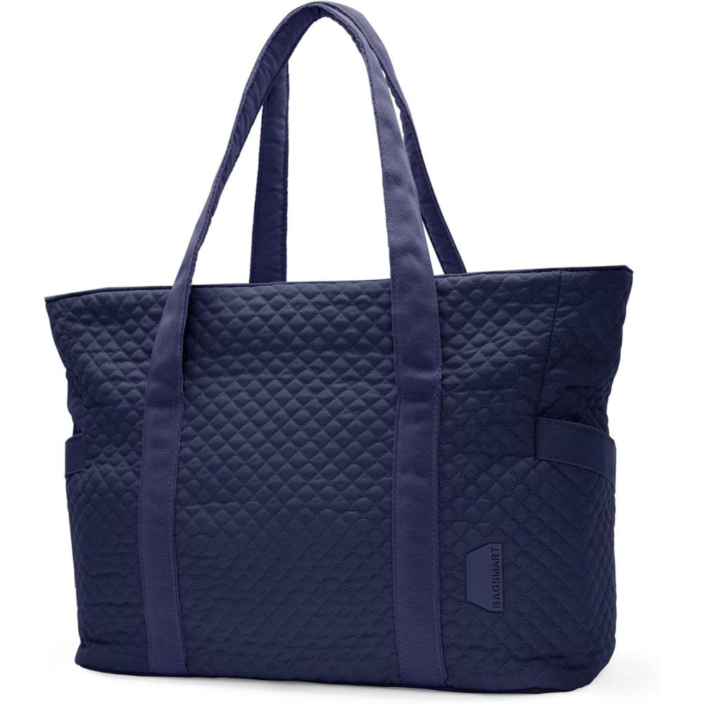 imageBAGSMART Crush Tote Bag for Women 20L Puffer Work Tote with Zipper Travel Essentials Quilted Nurse Hospital BagNavy Blue