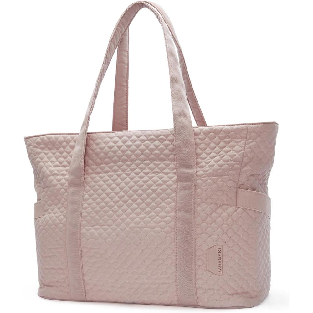 imageBAGSMART Crush Tote Bag for Women 20L Puffer Work Tote with Zipper Travel Essentials Quilted Nurse Hospital BagPink