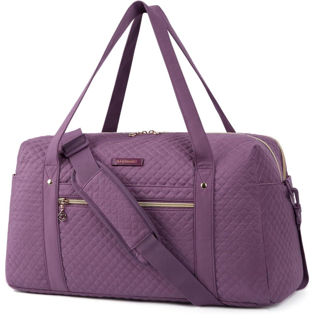 imageBAGSMART Duffle Bag 37L Large Carry On Weekender Overnight Bag with Wet Pocket  Laptop Compartment And Shoes Bag for for Women Travel Business Trips SportsBlackPurple
