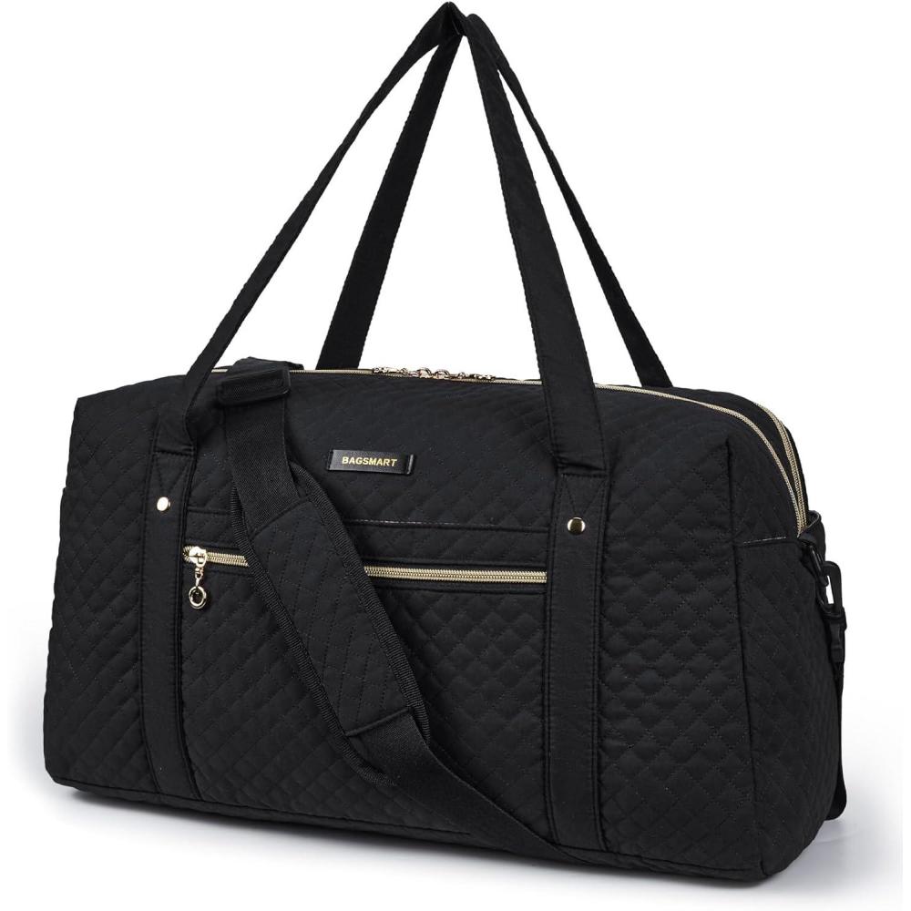 imageBAGSMART Duffle Bag 37L Large Carry On Weekender Overnight Bag with Wet Pocket Laptop Compartment And Shoes Bag for for Women Travel Business Trips SportsBlackBlack