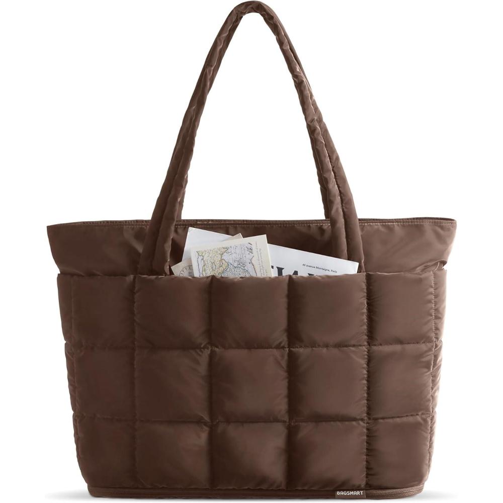 imageBAGSMART Expandable Tote Bag for Women Puffer Work Tote Handbag Quilted Carry On Bag for Travel GymChocolate