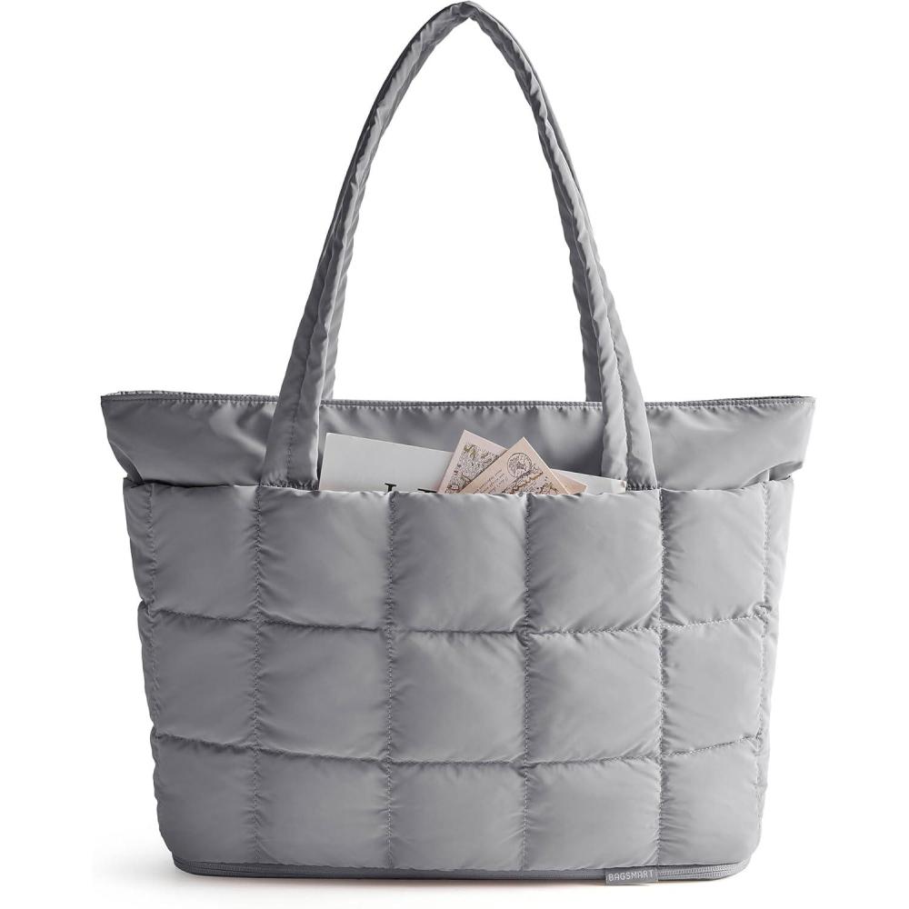 imageBAGSMART Expandable Tote Bag for Women Puffer Work Tote Handbag Quilted Carry On Bag for Travel GymGrey