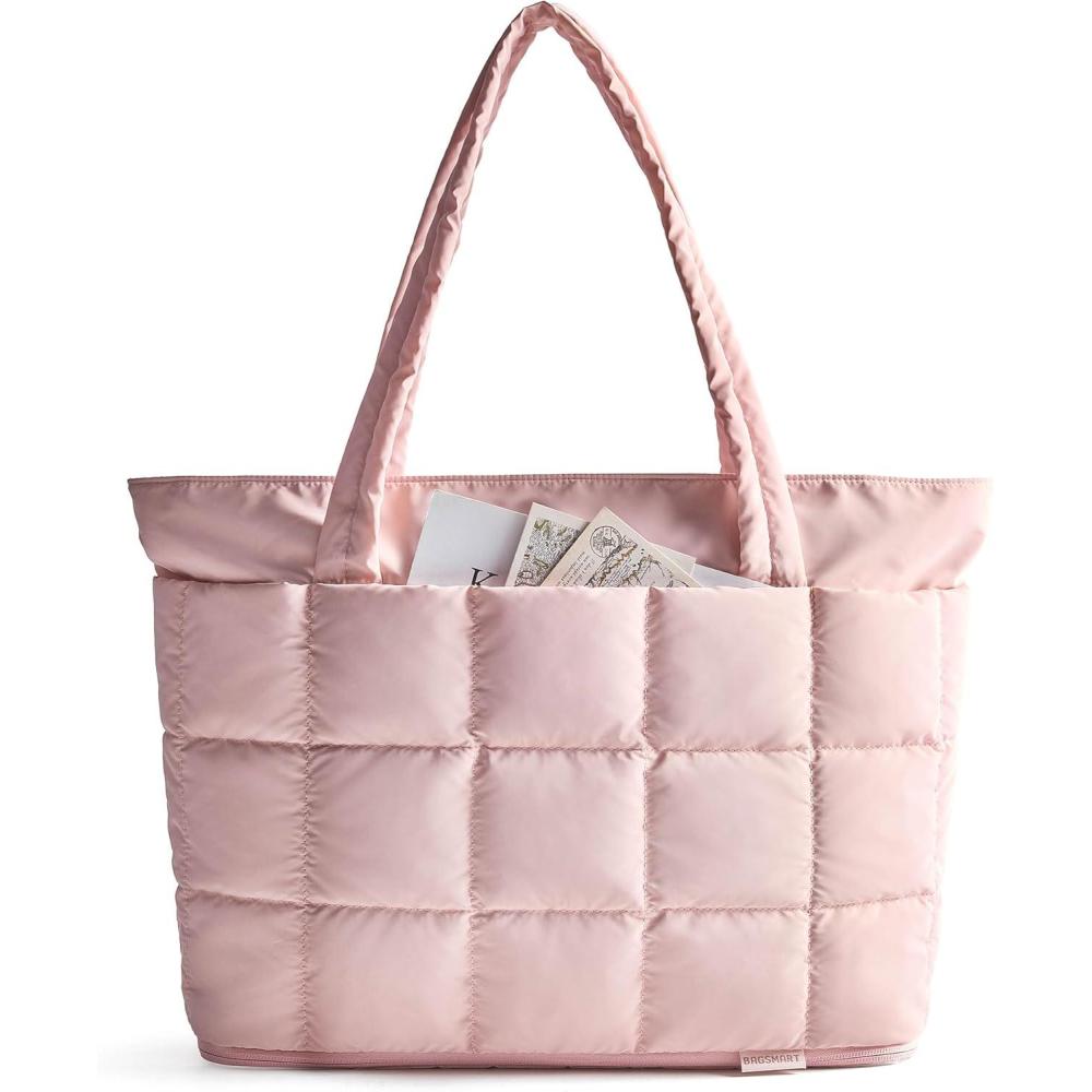 imageBAGSMART Expandable Tote Bag for Women Puffer Work Tote Handbag Quilted Carry On Bag for Travel GymLight Pink