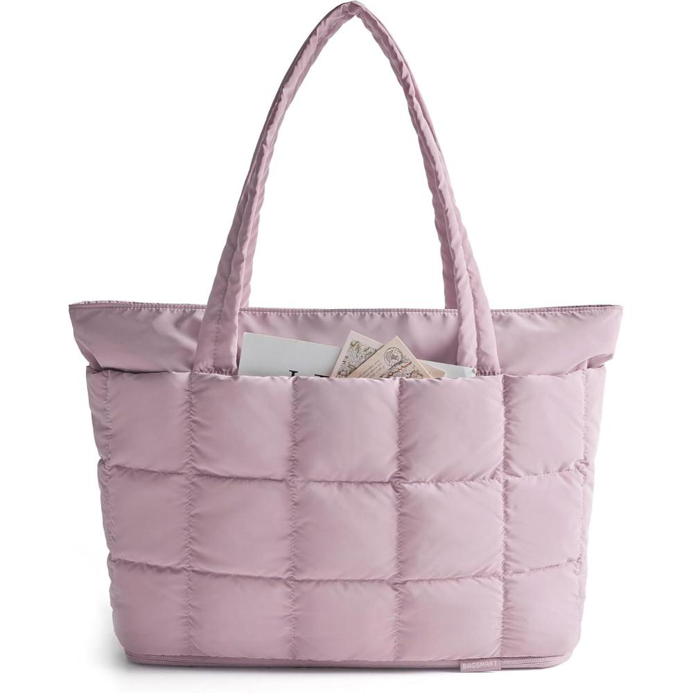imageBAGSMART Expandable Tote Bag for Women Puffer Work Tote Handbag Quilted Carry On Bag for Travel GymPurple