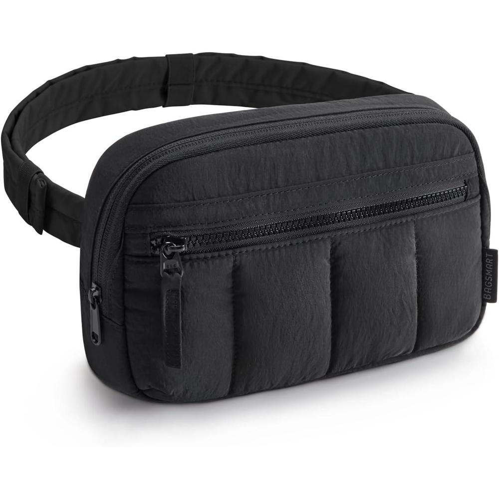 imageBAGSMART Fanny Packs for Women Cross Body Quilted Puffy Belt Bag with Pockets Fashion Waist Packs for Traveling Hiking PinkBlack
