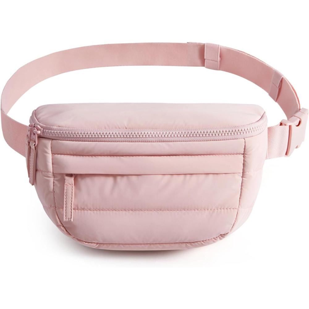 imageBAGSMART Fanny Packs for Women Two Way Zipper Belt Bag with Adjustable Strap Puffy Fashion Waist Packs for Traveling Workout BrownBaby Pink