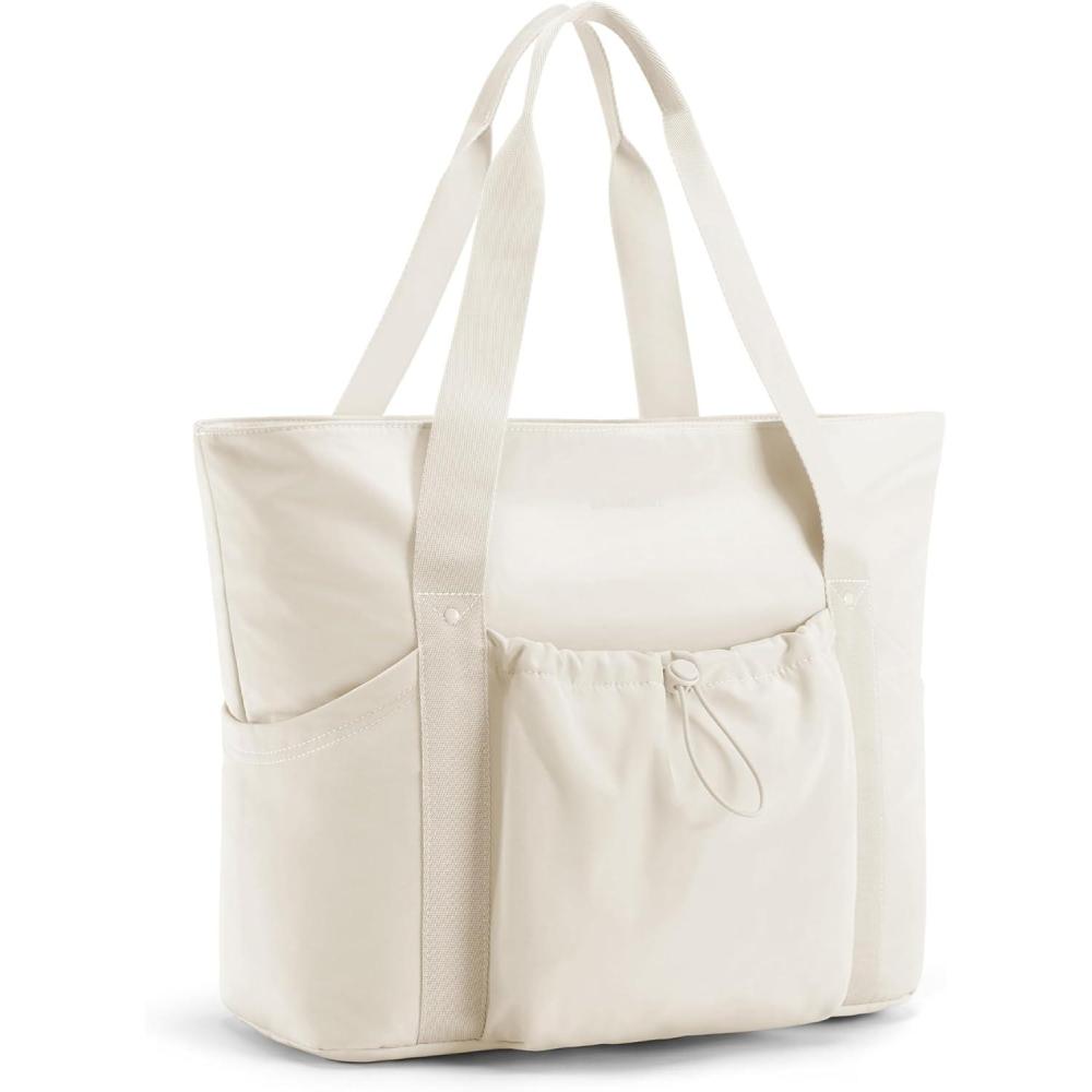 imageBAGSMART Foldable Tote Bag with Drawstring Bag Large Tote Bag Shoulder Bag Top Handle Handbag for Travel Work Beach GymBeige 1