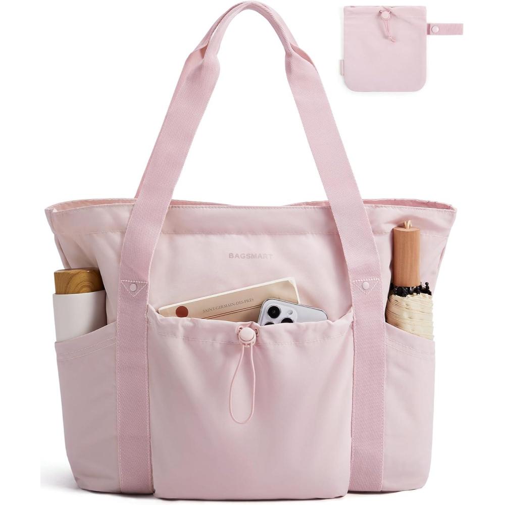 imageBAGSMART Foldable Tote Bag with Drawstring Bag Large Tote Bag Shoulder Bag Top Handle Handbag for Travel Work Beach GymFoldablepink