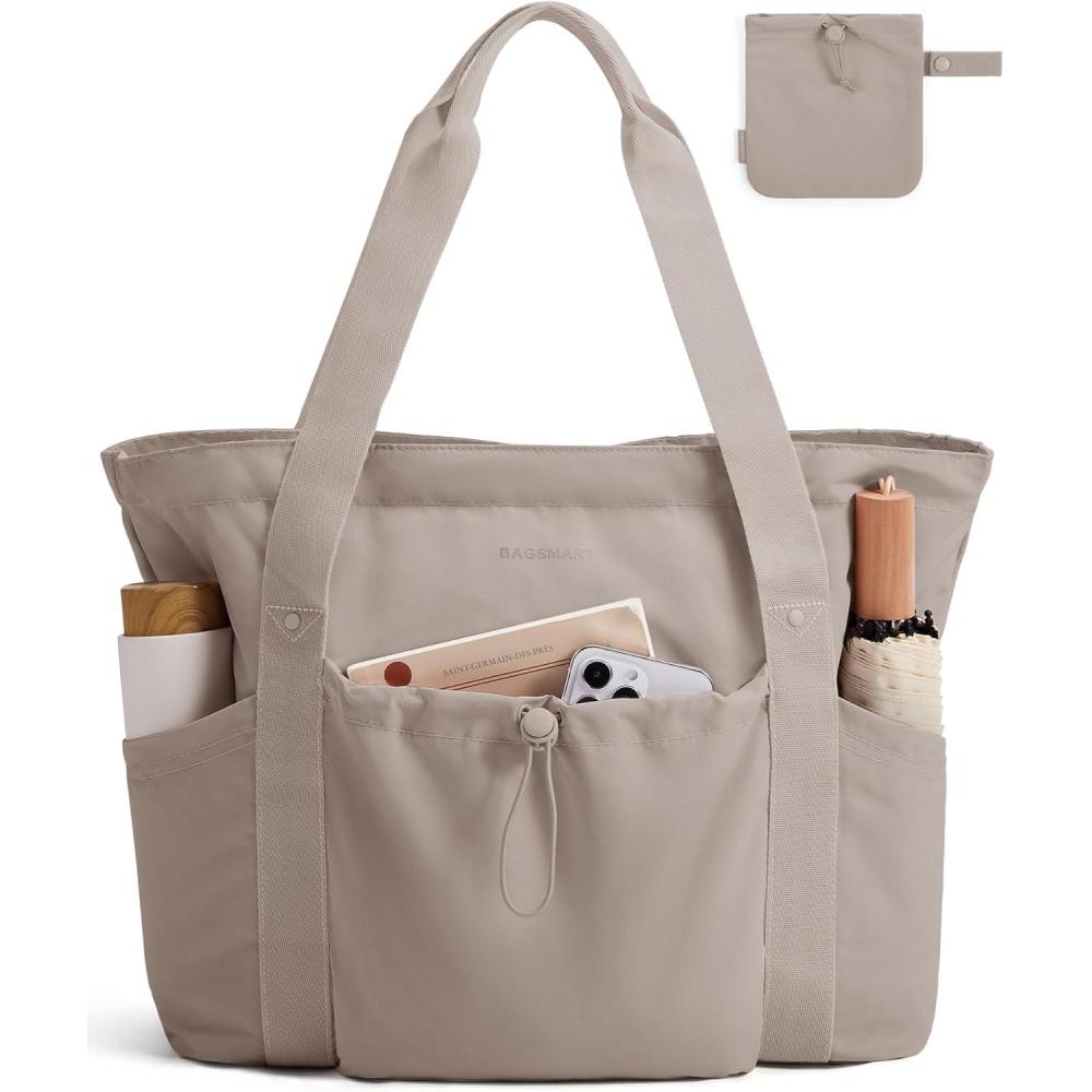 imageBAGSMART Foldable Tote Bag with Drawstring Bag Large Tote Bag Shoulder Bag Top Handle Handbag for Travel Work Beach GymGrayish Brown