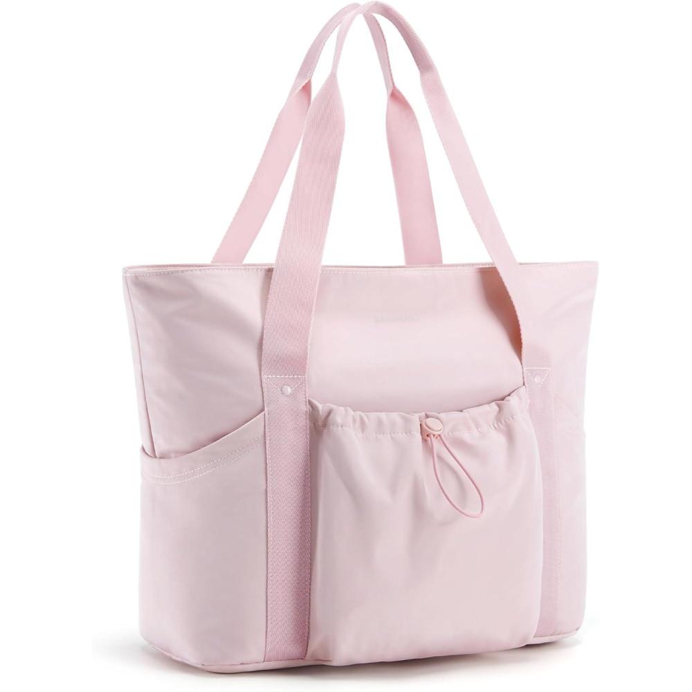 imageBAGSMART Foldable Tote Bag with Drawstring Bag Large Tote Bag Shoulder Bag Top Handle Handbag for Travel Work Beach GymPink 1