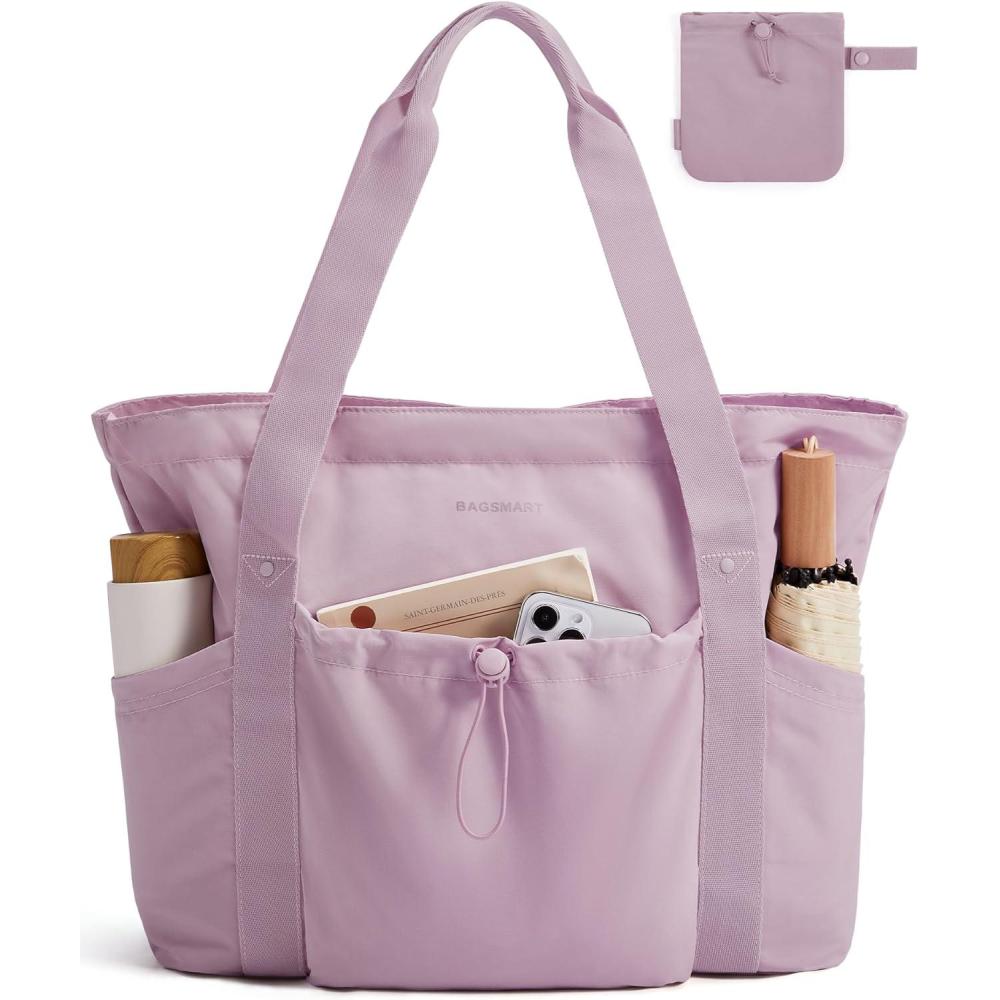 imageBAGSMART Foldable Tote Bag with Drawstring Bag Large Tote Bag Shoulder Bag Top Handle Handbag for Travel Work Beach GymPurple
