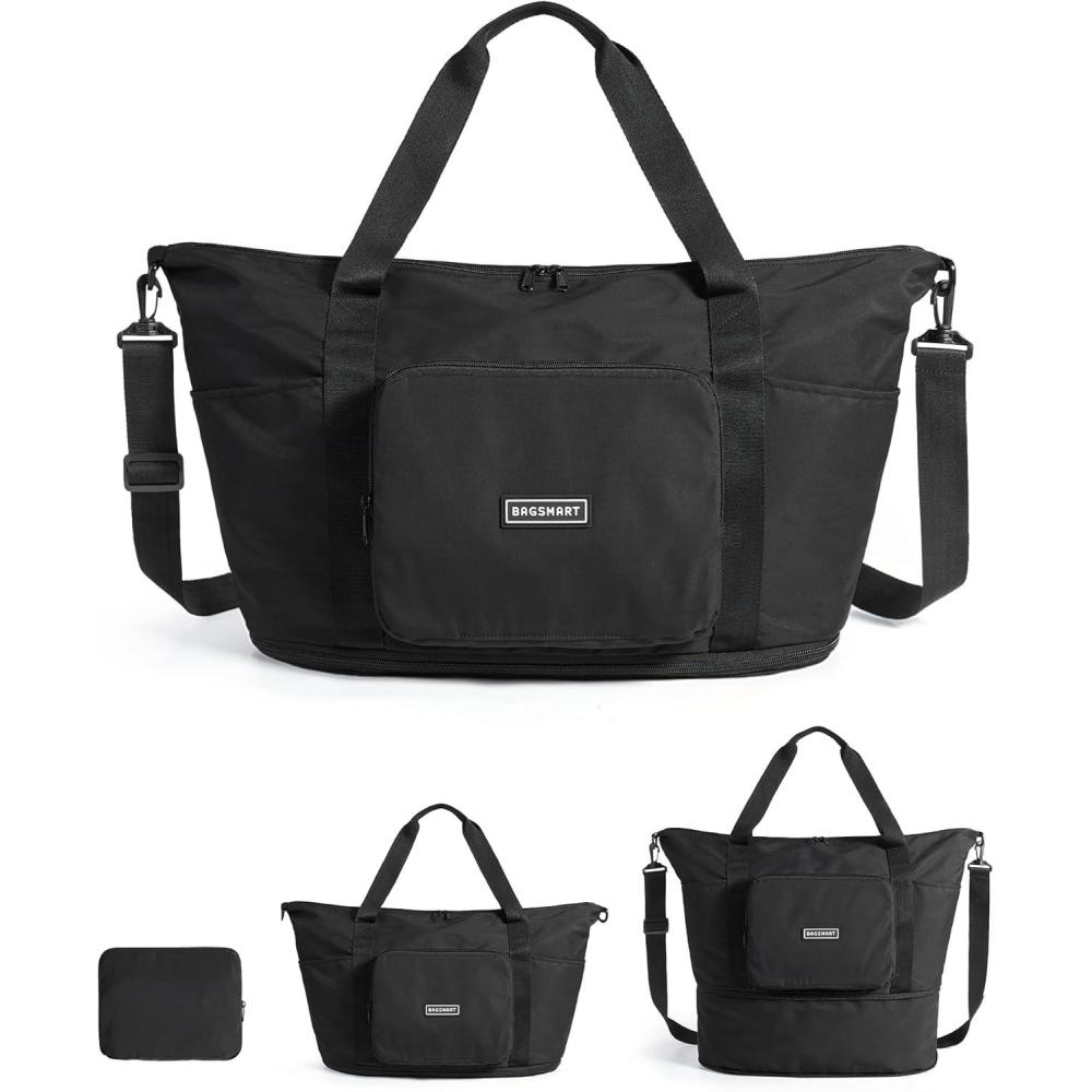 imageBAGSMART Foldable Travel Bag 37L Duffle Bag for Travel Expendable Carry on Weekender Duffel Lightweight Personal Item BagBlack
