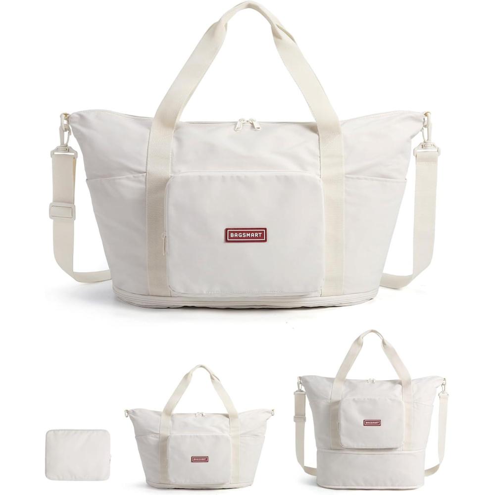 imageBAGSMART Foldable Travel Bag 37L Duffle Bag for Travel Expendable Carry on Weekender Duffel Lightweight Personal Item BagIvory White