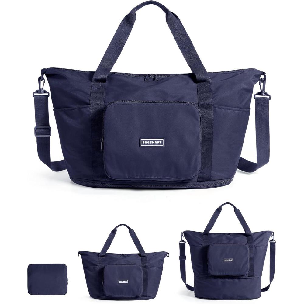 imageBAGSMART Foldable Travel Bag 37L Duffle Bag for Travel Expendable Carry on Weekender Duffel Lightweight Personal Item BagNavy Blue