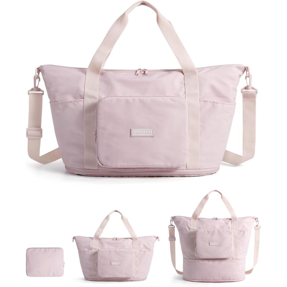 imageBAGSMART Foldable Travel Bag 37L Duffle Bag for Travel Expendable Carry on Weekender Duffel Lightweight Personal Item BagPink