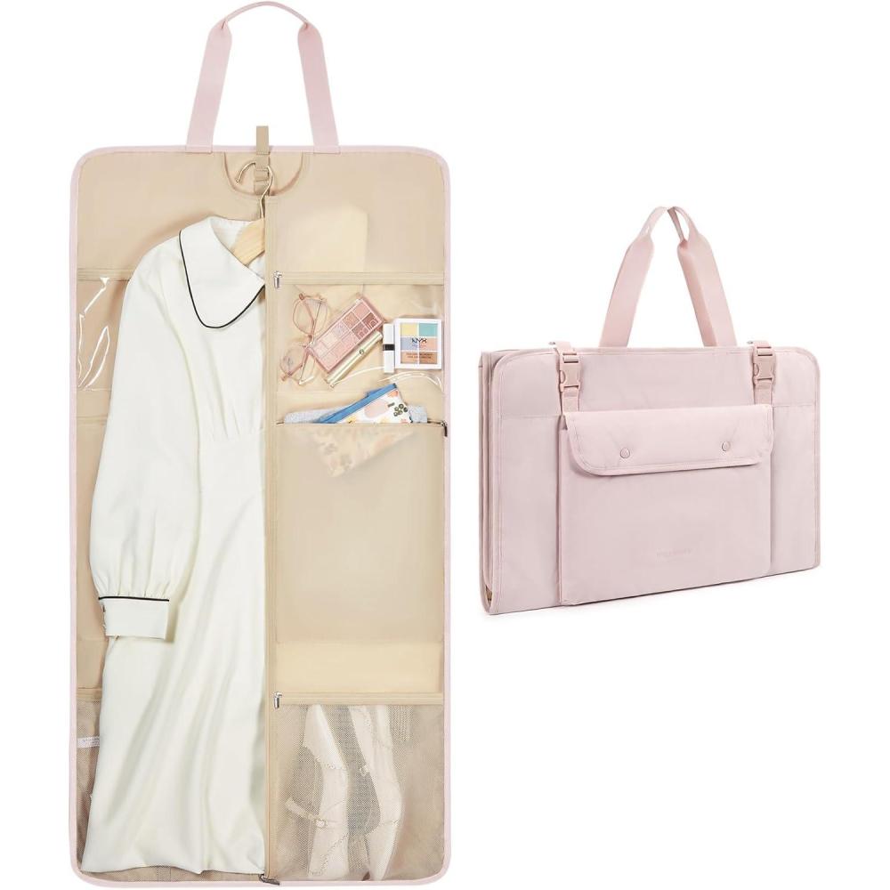 imageBAGSMART Garment Bags for Travel Foldable Carry on Suit Carrier for Hanging Clothes Stylish Dress Carrier Large Convertible Weekender Garment Bags for Women MenPuffy Light Pink