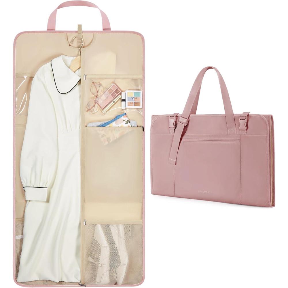 imageBAGSMART Garment Bags for Travel Foldable Carry on Suit Carrier for Hanging Clothes Stylish Dress Carrier Large Convertible Weekender Garment Bags for Women MenSleek Dark Pink