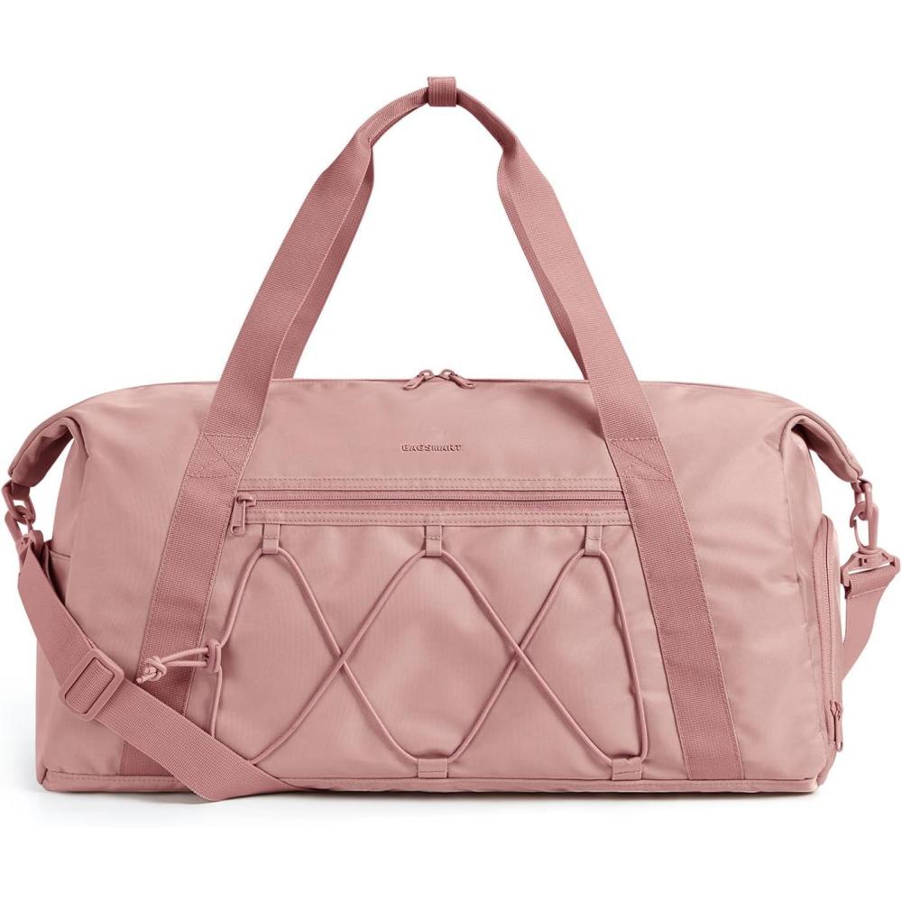 imageBAGSMART Gym Bag With Shoe Compartment ampamp Wet Pocket Lightweight Sports Travel Duffel Bag Carry On Bag Weekender Overnight Bag Water Resistant Sports Gym Tote Bags Swimming Yoga Almond OilDark Pink