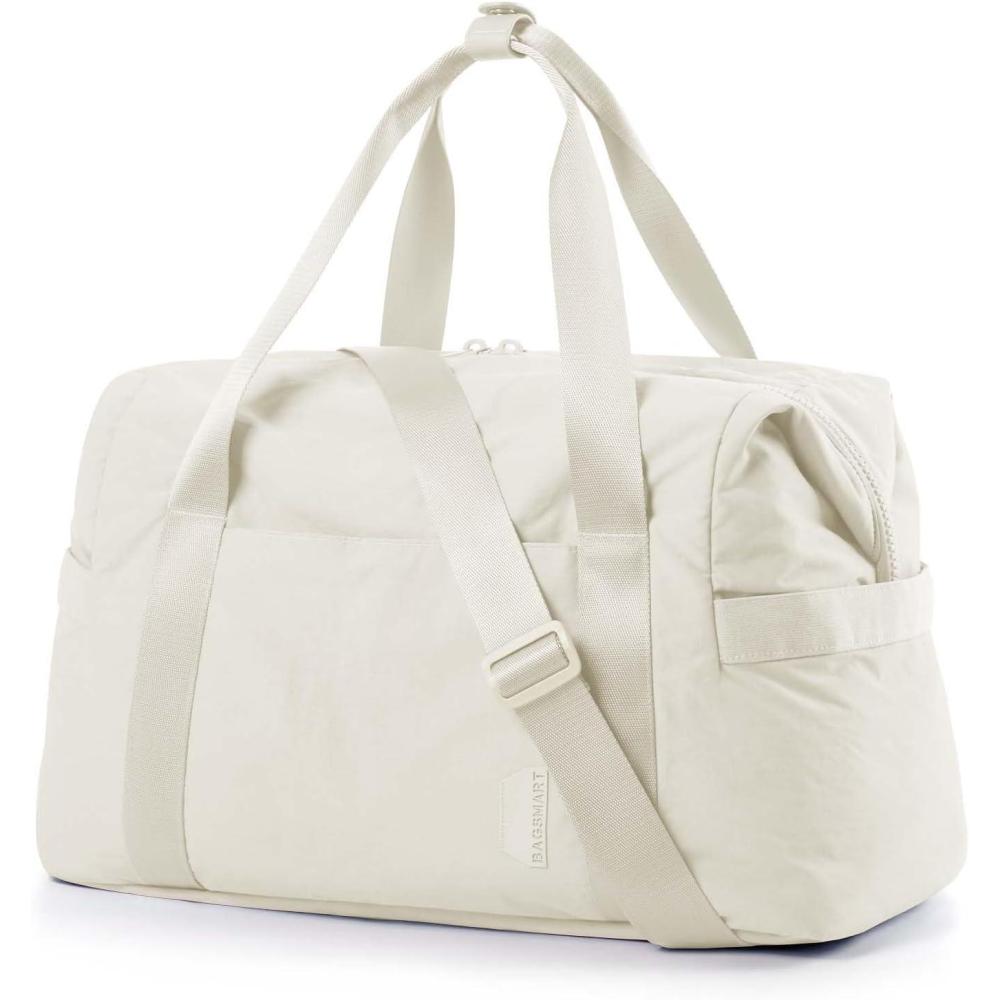 imageBAGSMART Gym Bag for Women Carry on Weekender Overnight Bag Travel Duffel Bags with Trolley Sleeve Personal Item Travel Bag Tote Bag Workout Dance BagBlackMediumLight Beige