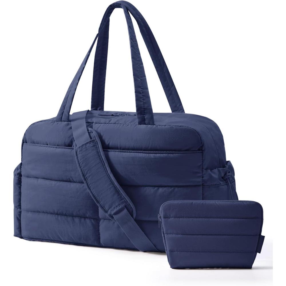 imageBAGSMART Gym Bag for Women Lightweight Puffer Duffle Bag 2PC Travel Bag 31L Weekender Overnight Bag Quilted Carry On Tote Bag Diaper Hospital Dance bag for Travel Gym Water Resistant CamelNavy Blue