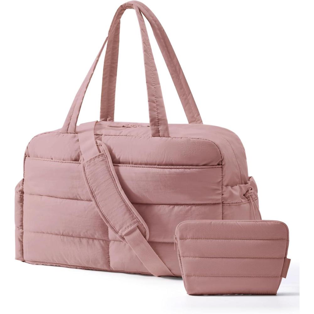 imageBAGSMART Gym Bag for Women Lightweight Puffer Duffle Bag 2PC Travel Bag 31L Weekender Overnight Bag Quilted Carry On Tote Bag Diaper Hospital Dance bag for Travel Gym Water Resistant CamelDull Pink