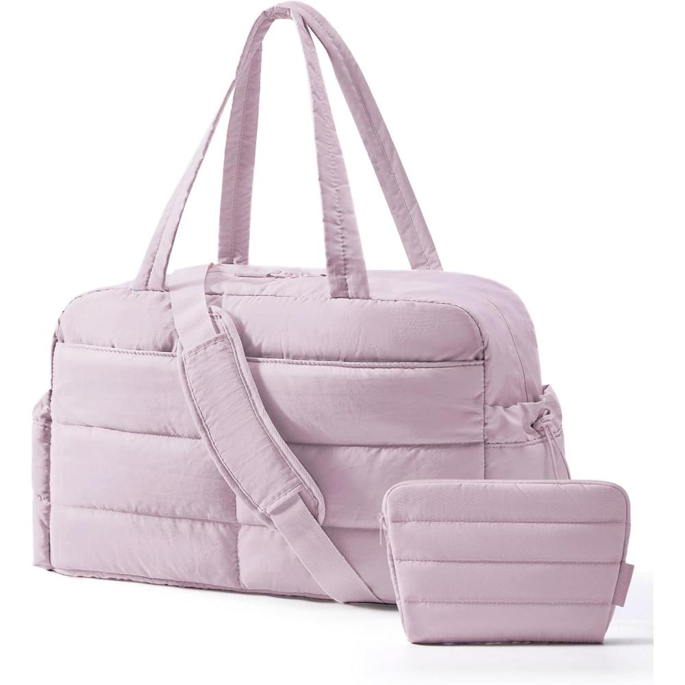 imageBAGSMART Gym Bag for Women Lightweight Puffer Duffle Bag 2PC Travel Bag 31L Weekender Overnight Bag Quilted Carry On Tote Bag Diaper Hospital Dance bag for Travel Gym Water Resistant CamelMisty Purple