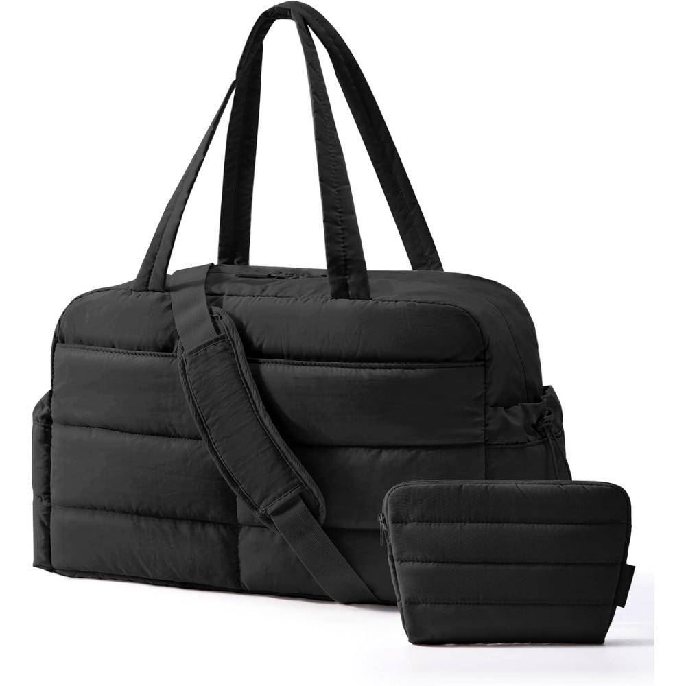 imageBAGSMART Gym Bag for Women Lightweight Puffer Duffle Bag 2PC Travel Bag 31L Weekender Overnight Bag Quilted Carry On Tote Bag Diaper Hospital Dance bag for Travel Gym Water Resistant CamelBlack