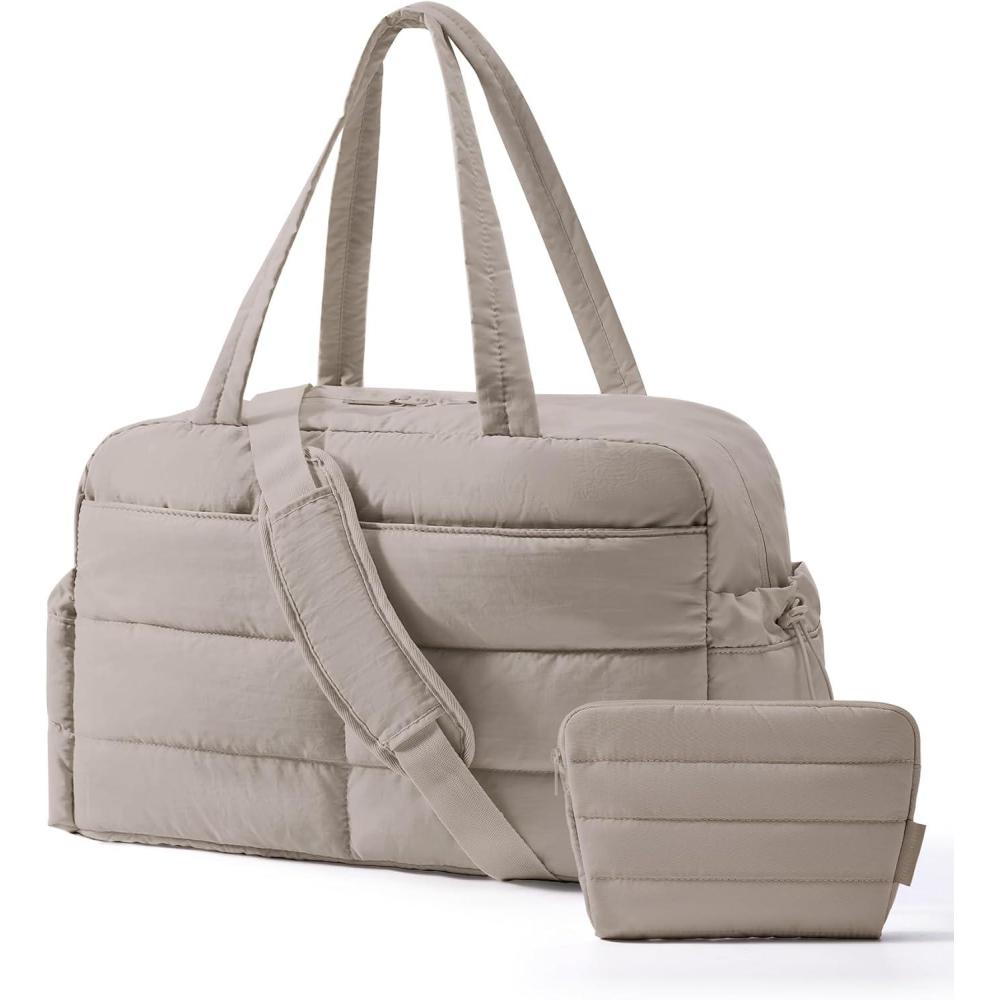 imageBAGSMART Gym Bag for Women Lightweight Puffer Duffle Bag 2PC Travel Bag 31L Weekender Overnight Bag Quilted Carry On Tote Bag Diaper Hospital Dance bag for Travel Gym Water Resistant CamelCamel