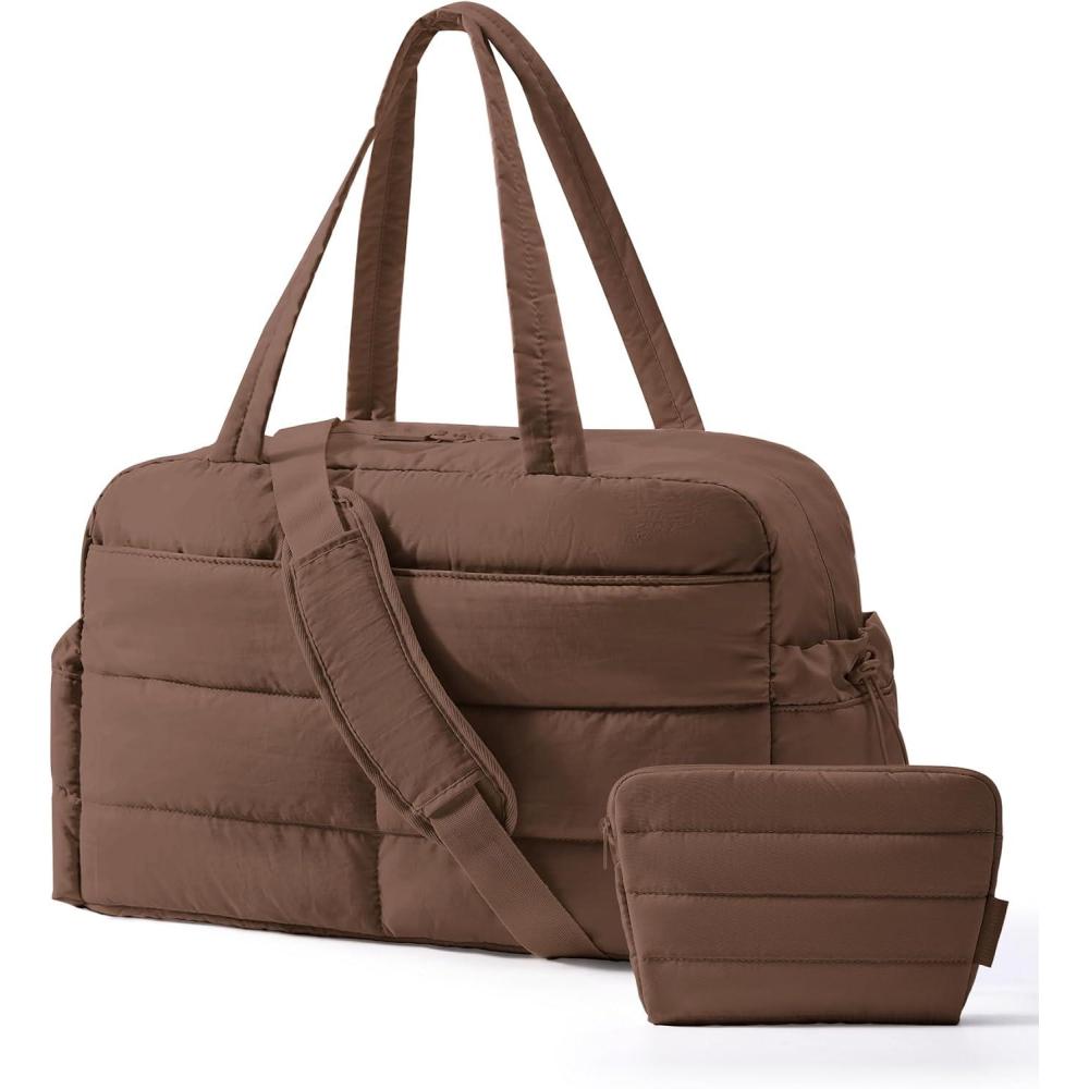 imageBAGSMART Gym Bag for Women Lightweight Puffer Duffle Bag 2PC Travel Bag 31L Weekender Overnight Bag Quilted Carry On Tote Bag Diaper Hospital Dance bag for Travel Gym Water Resistant CamelCoffee Brown