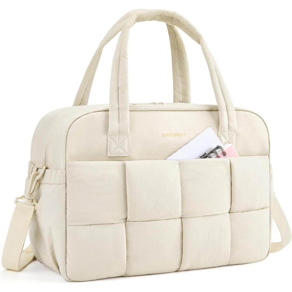 imageBAGSMART Gym Bag for Women Personal Item Puffer Duffle Bag Weekender Overnight Carry On Tote Handag for TravelBeige