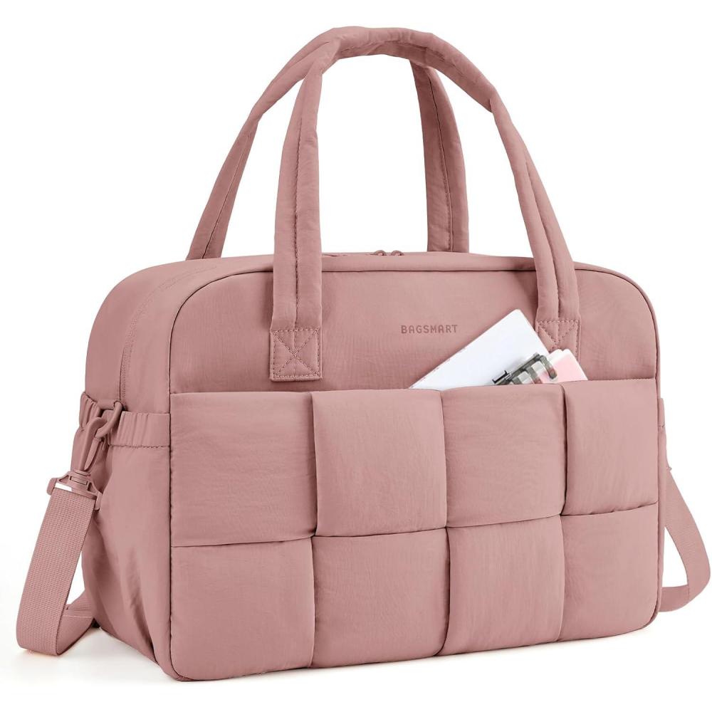 imageBAGSMART Gym Bag for Women Personal Item Puffer Duffle Bag Weekender Overnight Carry On Tote Handag for TravelDark Pink