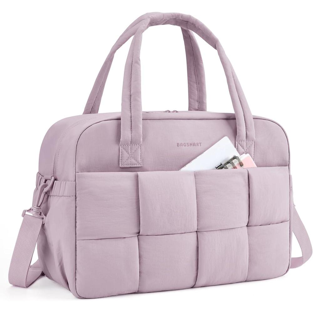 imageBAGSMART Gym Bag for Women Personal Item Puffer Duffle Bag Weekender Overnight Carry On Tote Handag for TravelMist Purple