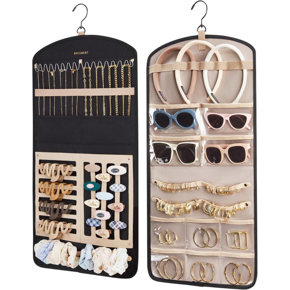 imageBAGSMART Hanging Jewelry Organizer Claw Clip Necklace Holder Roll for Hair Ties Headbands Clips Earrings Necklaces Glasses DoubleSided on Closet Wall Door 1 piece LargeBlackBlack