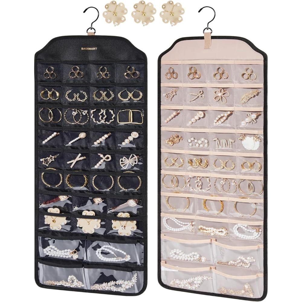 imageBAGSMART Hanging Jewelry Organizer Jewelry Holder Organizer Accessories Organizer 68 Pocket Earring Organizer Organizer for Wall Holding JewelriesLarge Black 1 Piece