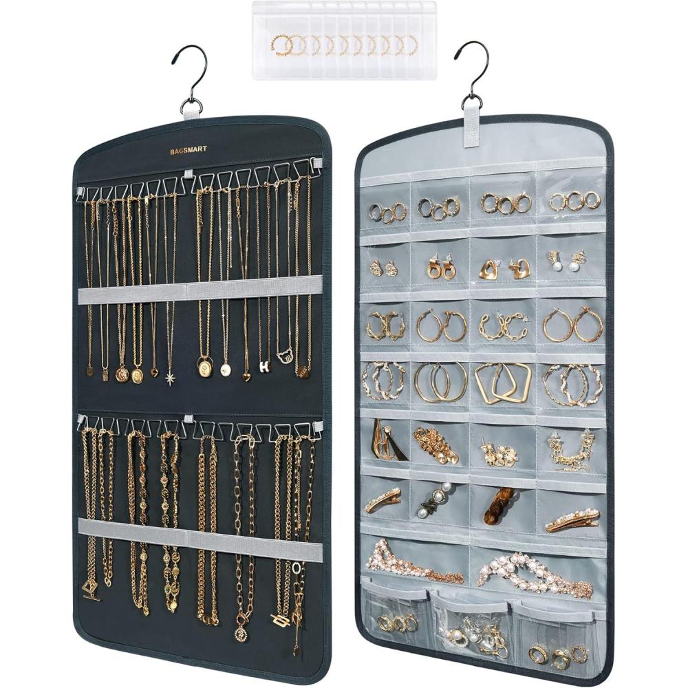 imageBAGSMART Hanging Jewelry Organizer Necklace Holder Antitangle Earrings Rings Hanger with 10 Jewelry Bags Travel Storage Roll with Pockets Hang on Closet Wall Door1 Piece Small BlackGrey