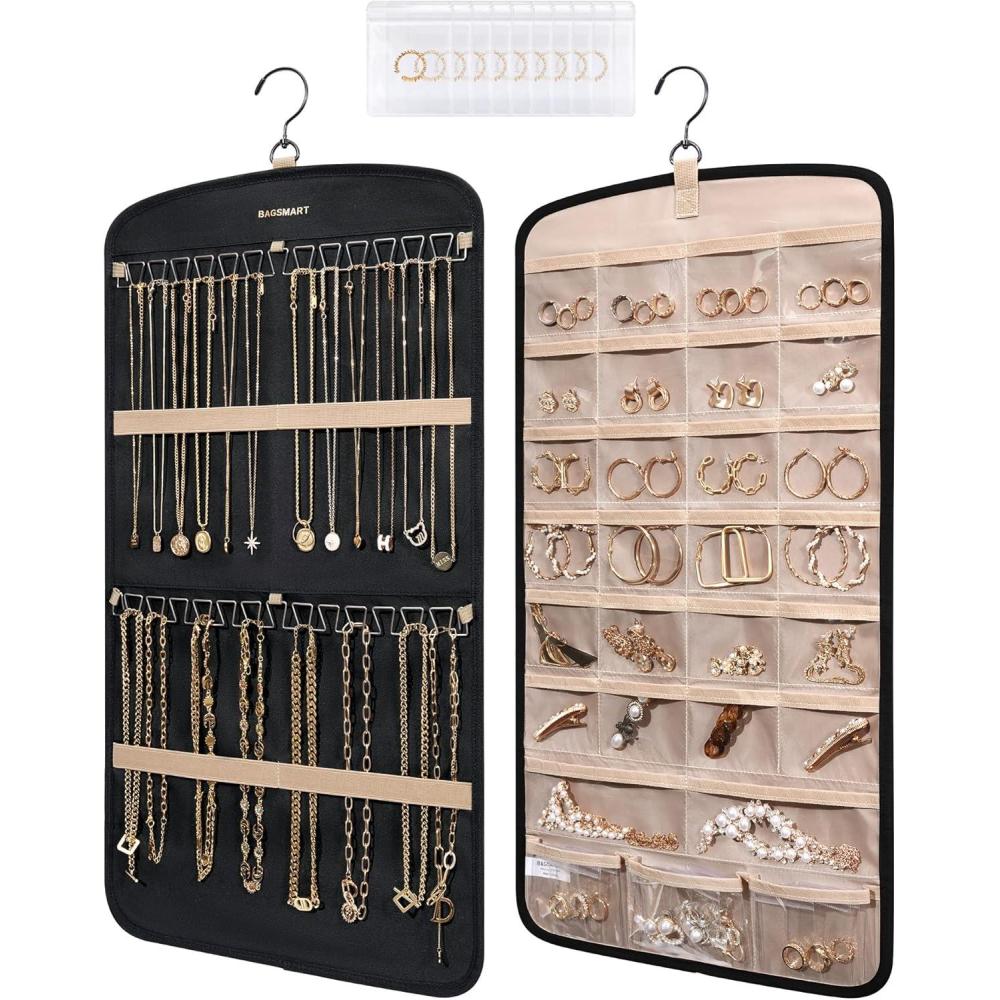 imageBAGSMART Hanging Jewelry Organizer Necklace Holder Antitangle Earrings Rings Hanger with 10 Jewelry Bags Travel Storage Roll with Pockets Hang on Closet Wall Door1 Piece Small BlackBlack