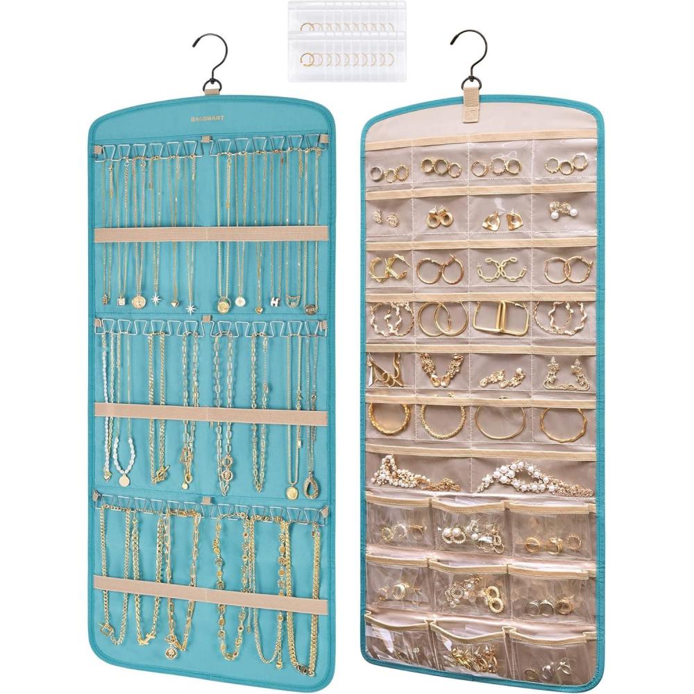 imageBAGSMART Hanging Jewelry Organizer Necklace Holder Antitangle Earrings Rings Hanger with 10 Jewelry Bags Travel Storage Roll with Pockets Hang on Closet Wall Door1 Piece Small BlackTeal