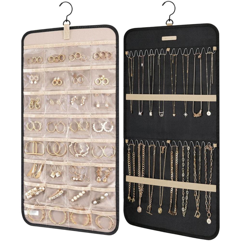 imageBAGSMART Hanging Jewelry Organizer Storage Roll with Hanger Metal Hooks DoubleSided Jewelry Holder for Earrings Necklaces Rings on Closet Wall Door 1 piece Medium BlackBlack
