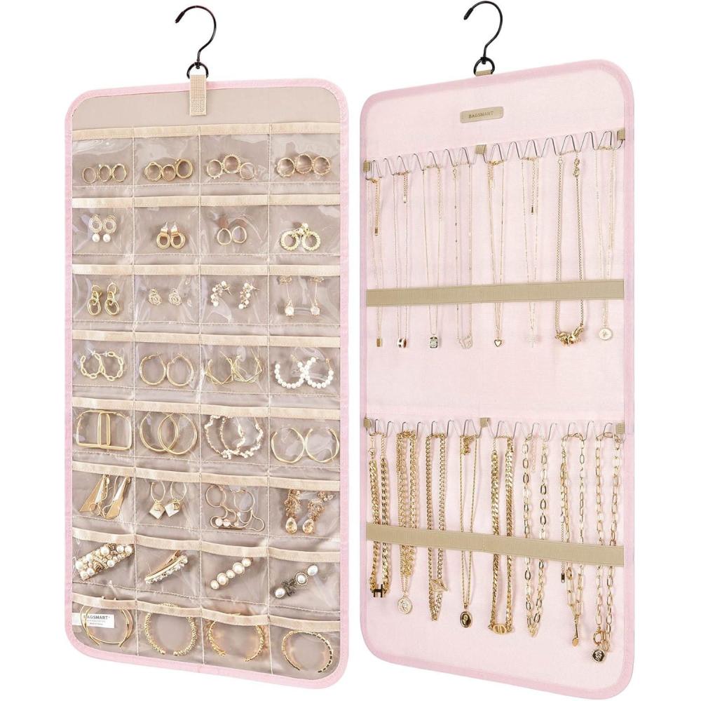 imageBAGSMART Hanging Jewelry Organizer Storage Roll with Hanger Metal Hooks DoubleSided Jewelry Holder for Earrings Necklaces Rings on Closet Wall Door 1 piece Medium BlackPink
