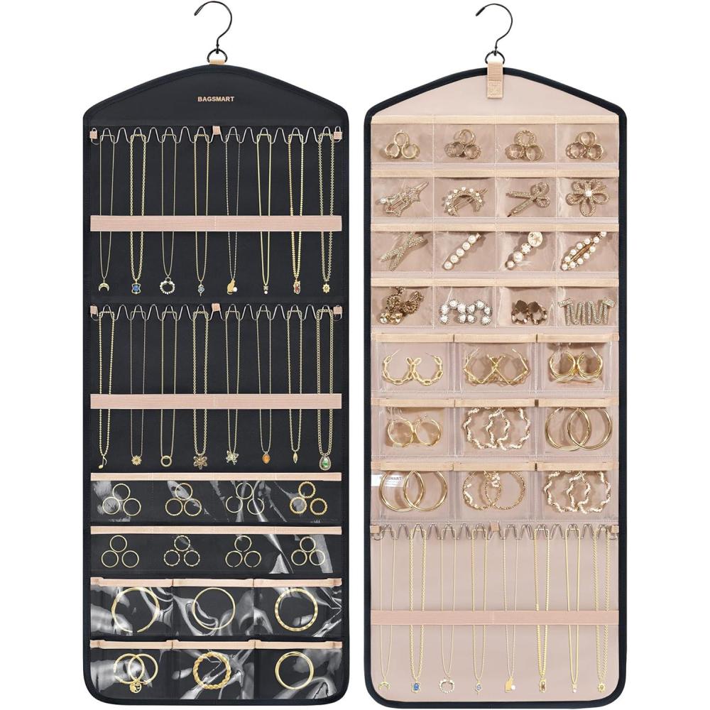 imageBAGSMART Hanging Jewelry Organizer with Hanger Metal Hooks DoubleSided Jewelry Holder for Organizing Earrings Necklaces Rings Perfect for in Hanging Closet Wall Door 1 Piece Large BlackA1Black