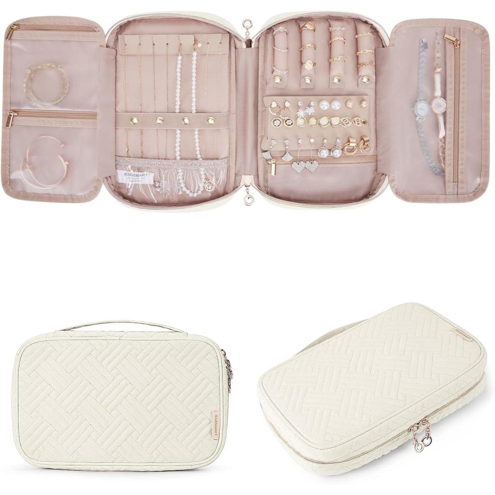 imageBAGSMART Jewelry Organizer Case Large Travel Jewelry Storage Bag for Necklace Earrings Rings Bracelet Soft PinkBeige