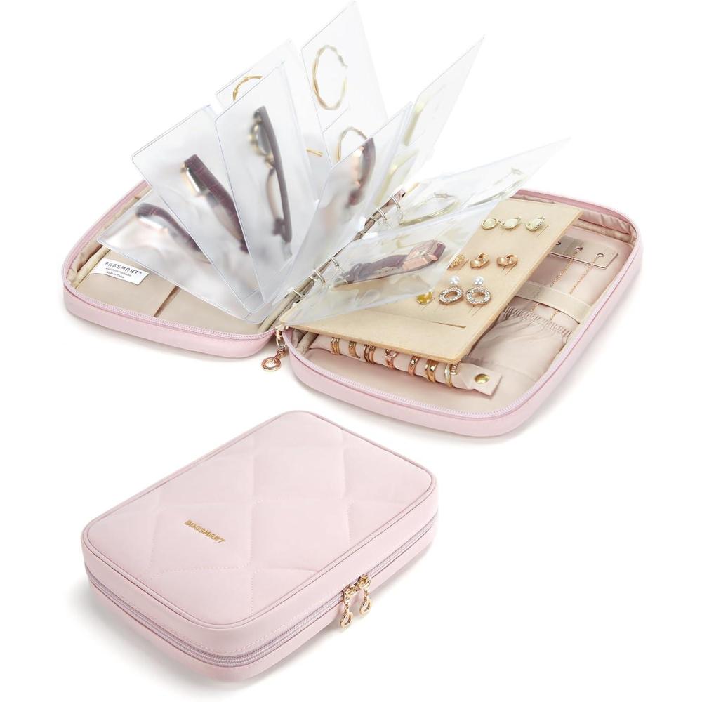 imageBAGSMART Jewelry Travel Case Ring Binder Storage Book with Clear Pockets Zippered Organizer for Necklace Earrings Rings Bracelet PinkPink