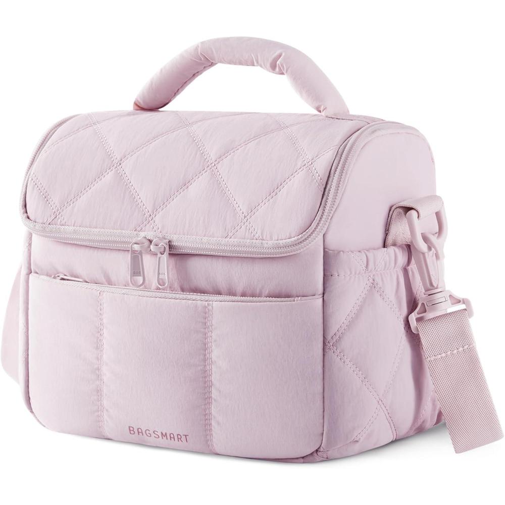 imageBAGSMART Lunch Bag Women Double Deck Insulated Lunch Box Quilted Puffer Lunch Tote Leakproof Durable ampamp Reusable Large Lunch Cooler For Work Picnic Travel Meal Prep Sage GreenPink