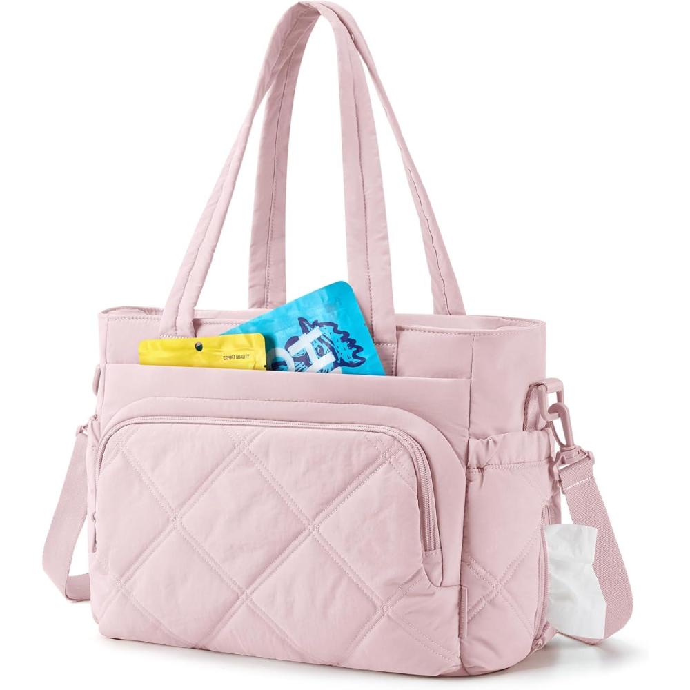 imageBAGSMART Lunch Bag Women Large Lunch Box Insulated Tote Bag with MultiPockets Quilted Puffy Tote for Work Outdoors06Baby Pink